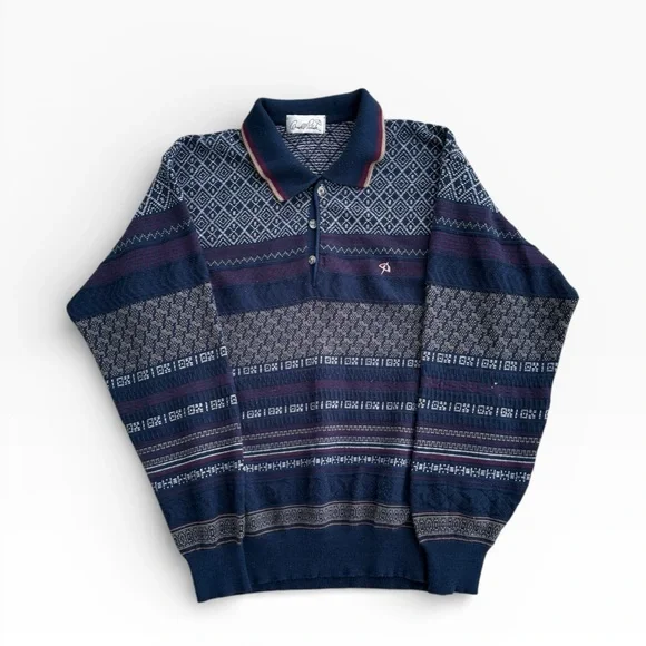 VTG Arnold Palmer Men’s Medium Knit Polo Sweater Navy Geometric Grandpa Core - Picture 1 of 9